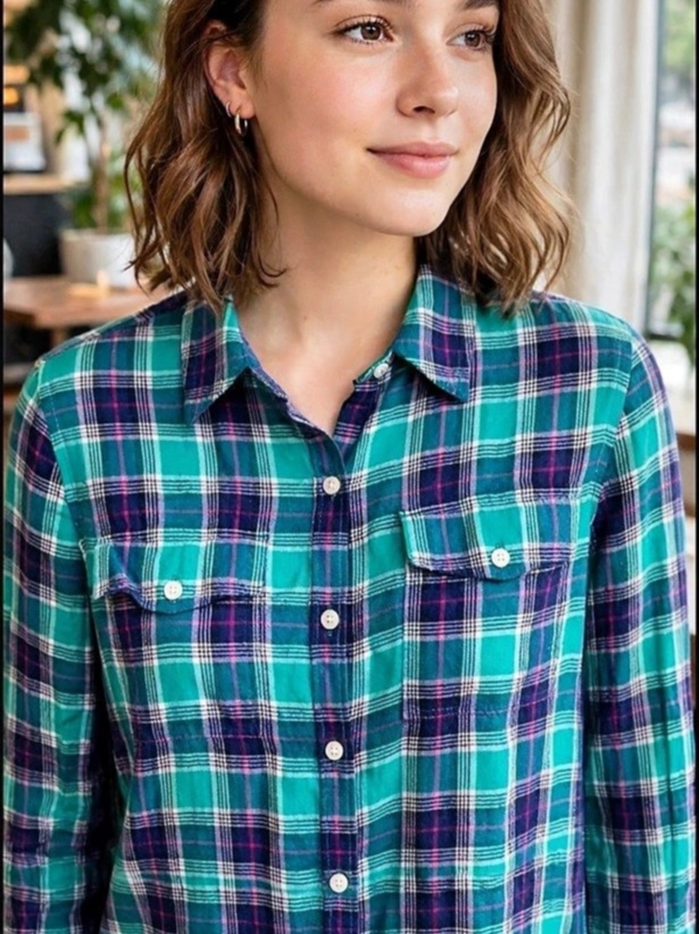 So American Heritage So Perfect Shirt Plaid Cotton Button Down in Green & Purple